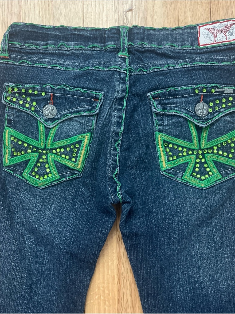 Laguna Beach Jeans Green Rhinestone & Stitched Flap Pocket Size 28